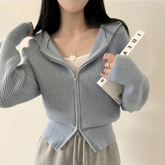 Damen lässige Strickjacke mit Kapuze und Reißverschluss R&B