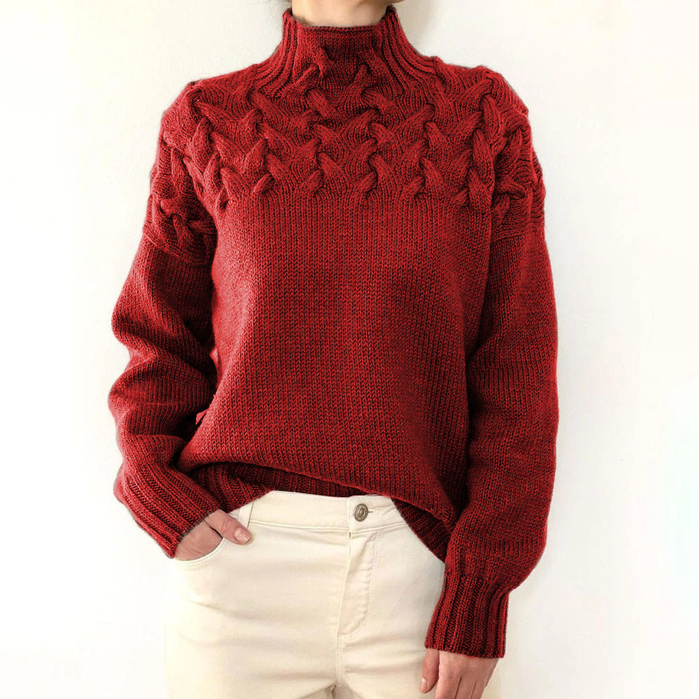 Damen Strickpullover mit hochgeschlossenem Kragen und trendigem Zopfmuster R&B
