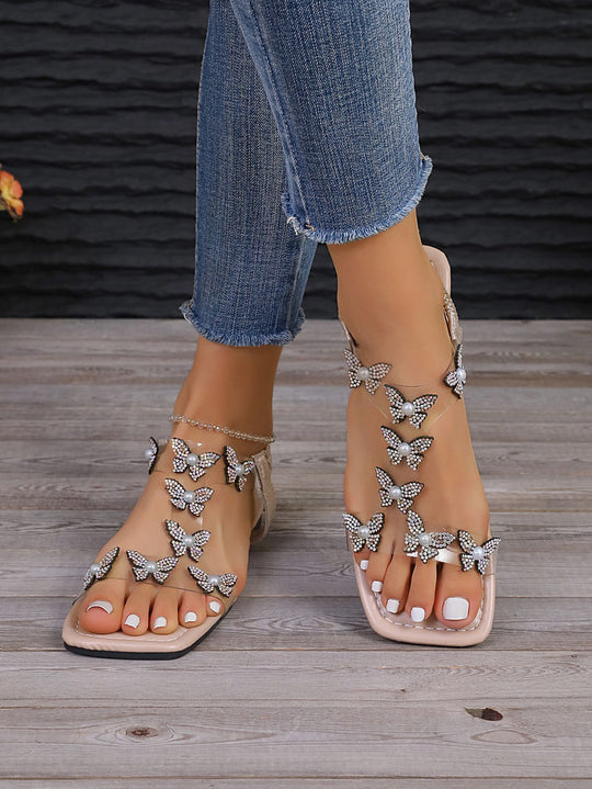 Damen elegante Glitzer-Pantoletten mit floralen Strassakzenten R&B