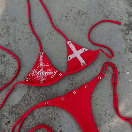Damen Bunt bedruckter Bikini mit verstellbaren Schnürungen und dekorativen Ösen R&B