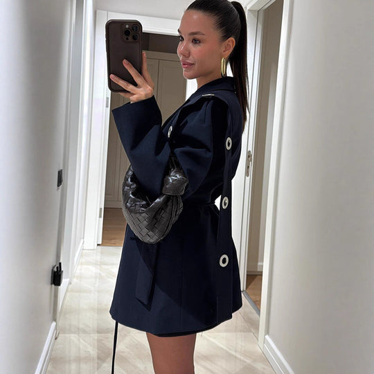Damen Oversized Blazerjacke mit modischen Bindetail und großen Knöpfen R&B