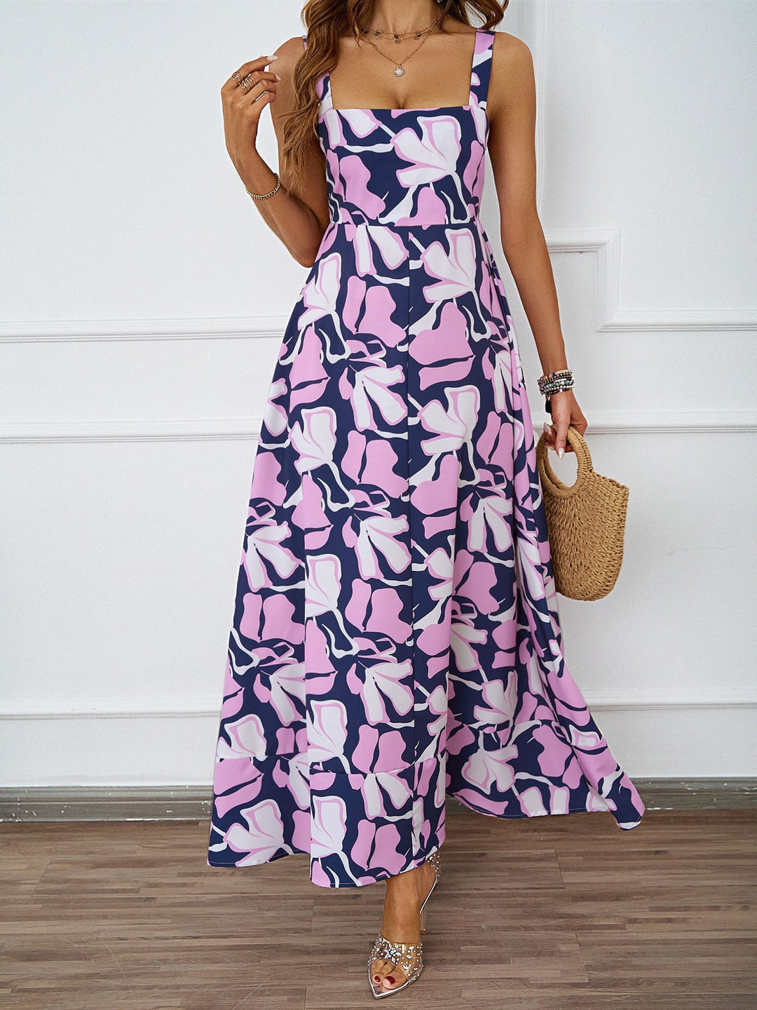 Damen Maxikleid mit floralem Schnitt und modernem Quadrat-Ausschnitt R&B