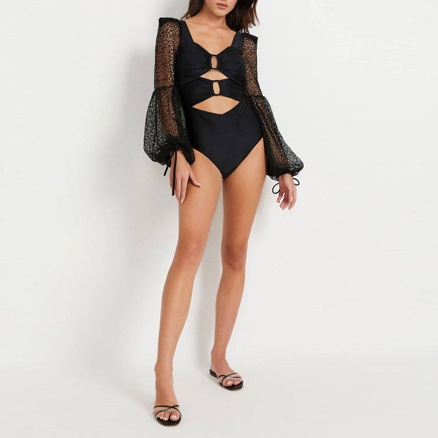 Damen Cut-Out Badeanzug mit langem, transparenter Ärmel R&B