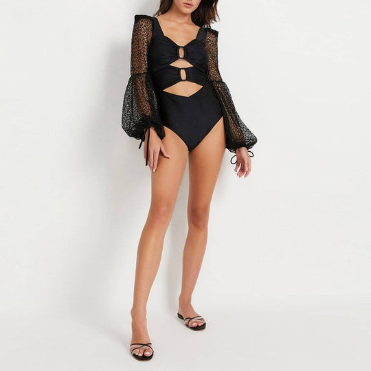 Damen Cut-Out Badeanzug mit langem, transparenter Ärmel R&B