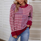 Damen kuscheliger Strickpullover mit trendigem Karomuster und weitem Schnitt