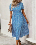 Damen nan ausgestelltes Midikleid mit hohem Rundhalsausschnitt, Puffärmeln, geraffter Empire-Taille und Stufensaum R&B
