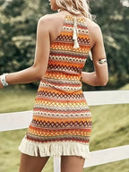 Damen Sommerkleid mit gehäkeltem Saum und ethnischem Muster R&B