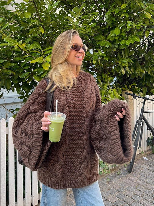 Damen Grobstrickpullover mit weiten Ärmeln R&B