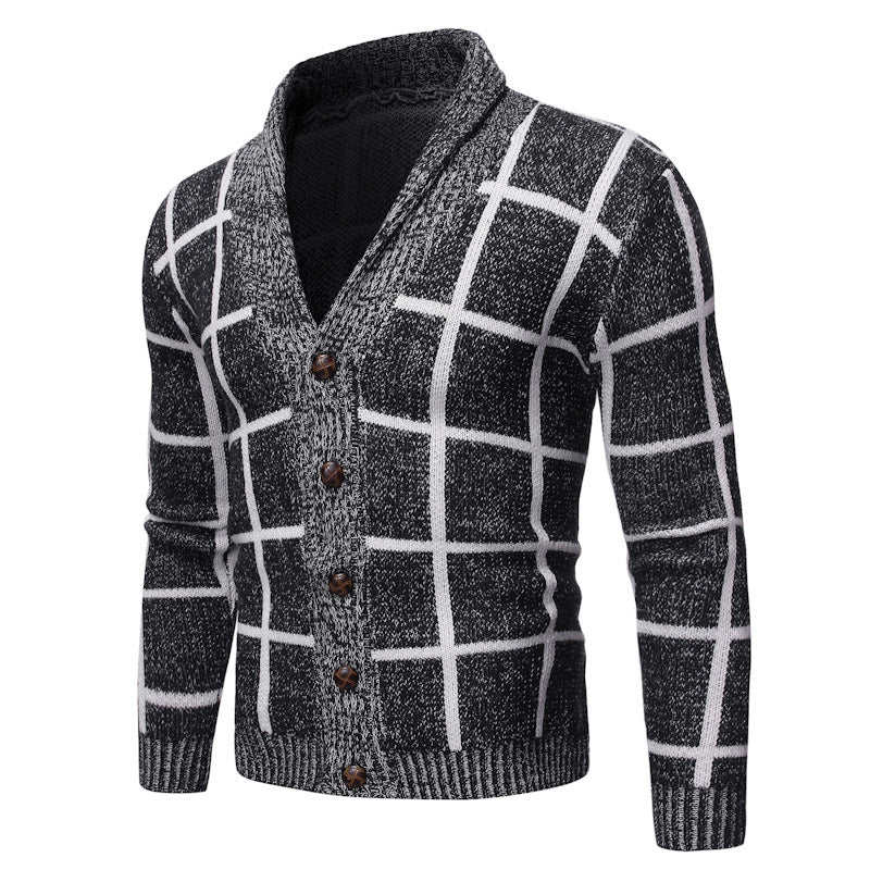 Herren modische Strickjacke mit V-Ausschnitt und modernem Karomuster R&B