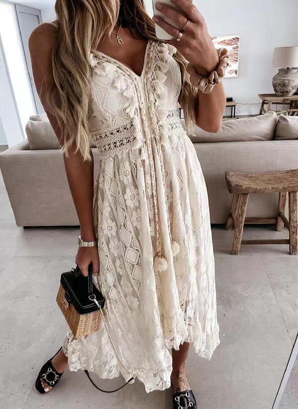 Damen Boho-Maxikleid mit Spitzenakzenten und dekorativen Quasten R&B