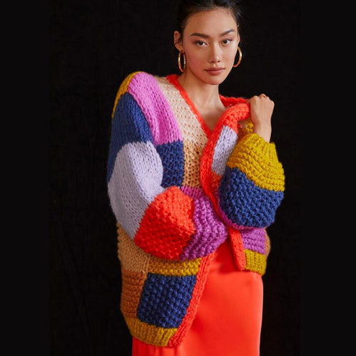 Damen Grobstrick-Cardigan mit buntem Patchwork-Design R&B