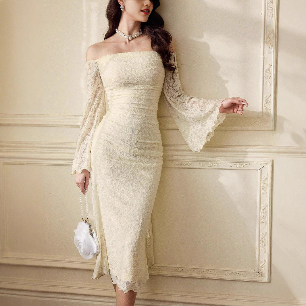 Damen Elegantes Spitzenkleid mit schulterfreiem Design und Glockenärmeln R&B