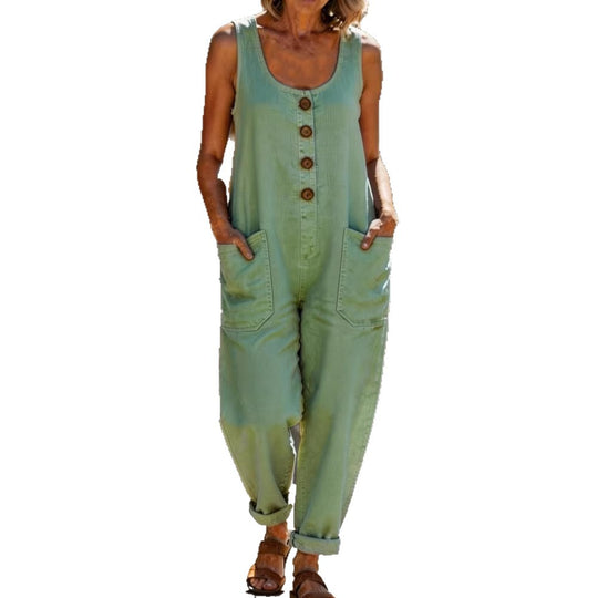 Damen Lässiger Jumpsuit mit Knopfdetails und seitlichen Taschen R&B