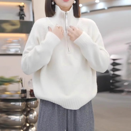 Damen Strickpullover mit hohem Kragen und praktischem Reißverschluss R&B