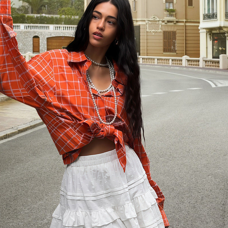 Damen Oversize-Musterhemd mit dekorativer Knopfleiste und lässigem Schnitt R&B