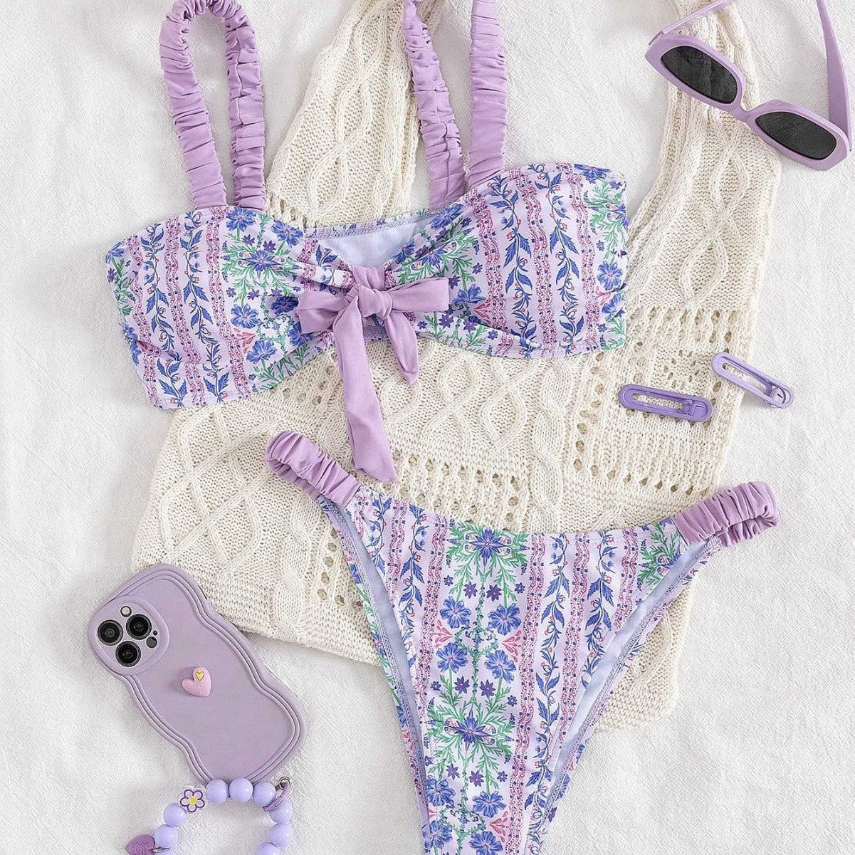 Damen Bandeau-Bikini mit floralem Design und verspielten Rüschen R&B