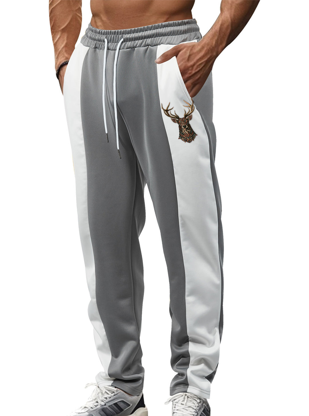 Herren nan sportive Trackpants mit seitlichen Kontrastbahnen elastischem Bund Kordelzug und Hirschstickerei R&B