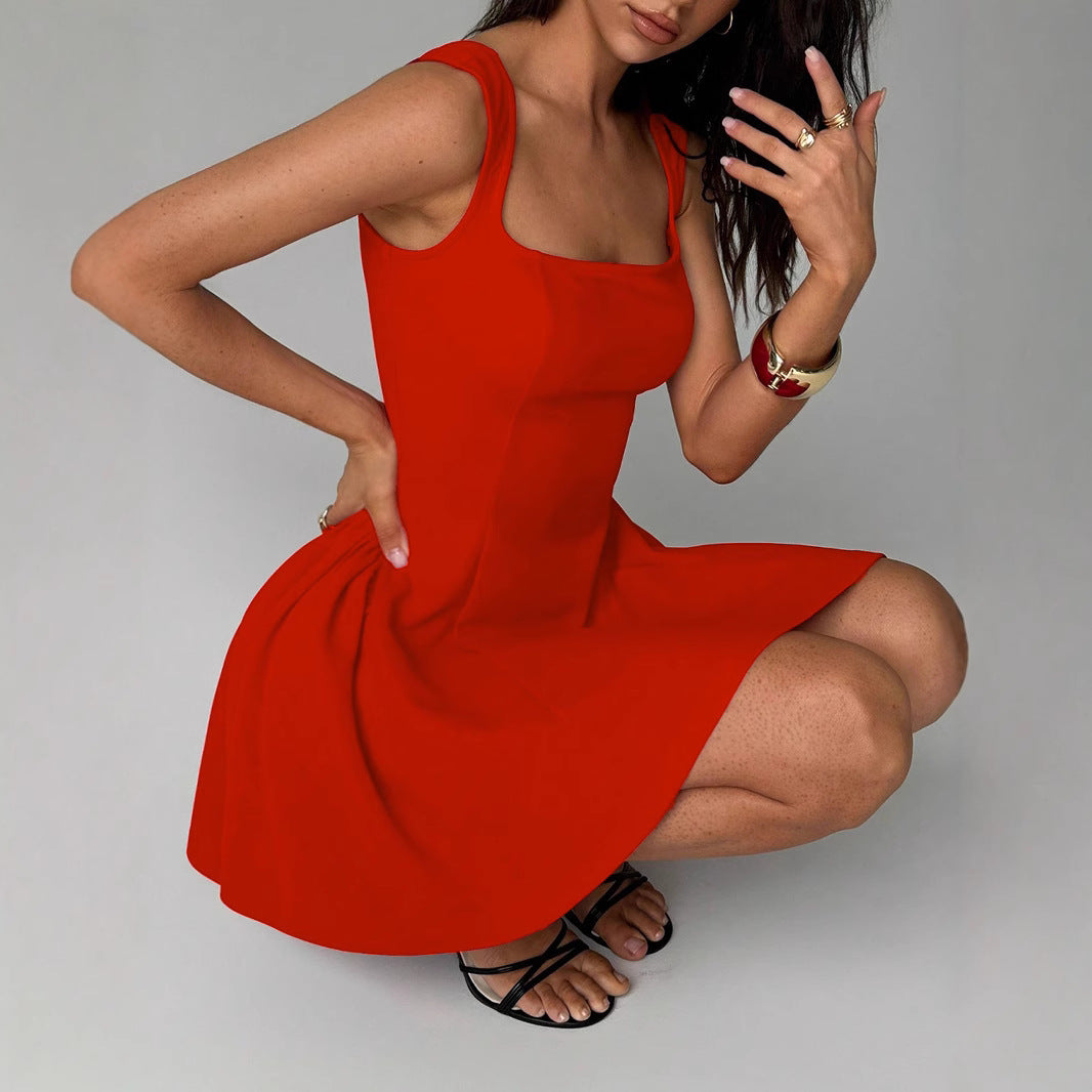 Damen Fließendes Minikleid mit quadratischem Ausschnitt und ausgestellten Rock R&B