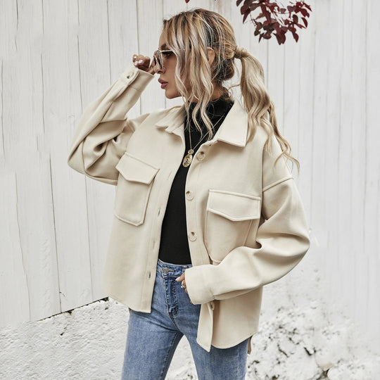 Damen elegante Oversized Jacke mit aufgesetzten Taschen und modischem Kragen R&B