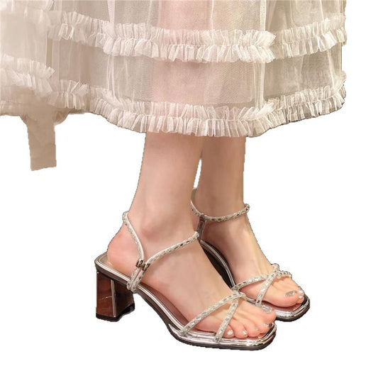 Damen modische Blockabsatz Sandalen mit zarten Verzierungen R&B