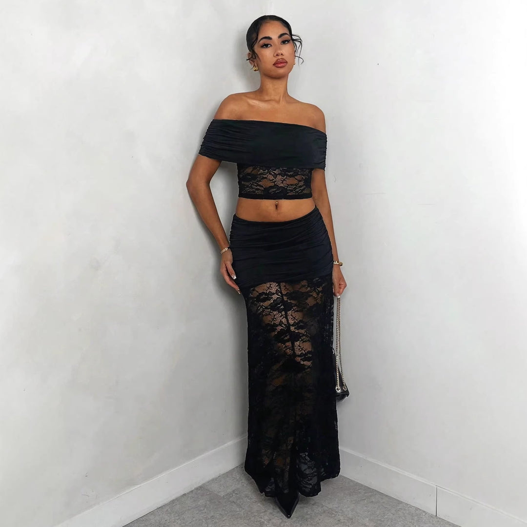 Damen nan Maxirock mit gerafftem Mini-Innenslip und floralem Spitzen-Überwurf R&B