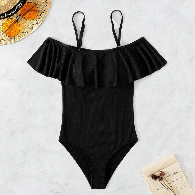 Damen Eleganter Badeanzug mit Volants und schulterfreier Ausschnitt R&B
