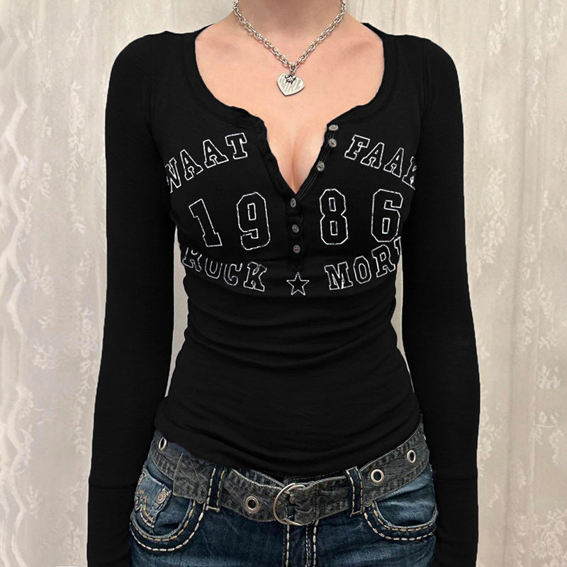 Damen Langarm T-Shirt mit modischem Druck und Knopfverschluss R&B