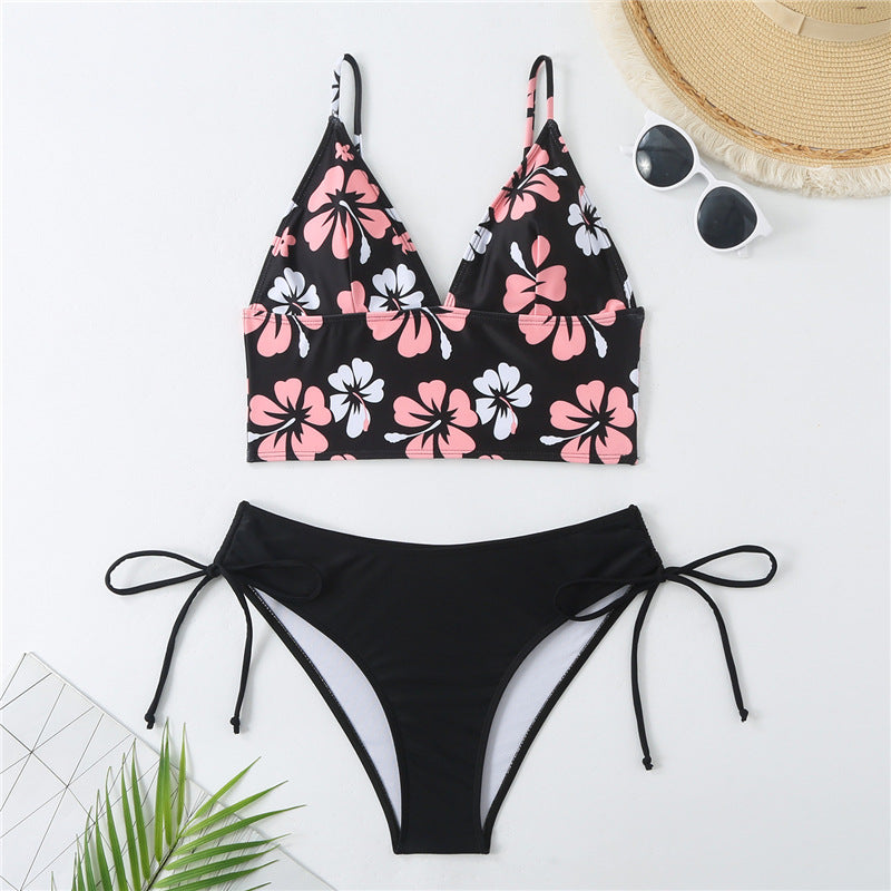 Damen Crop-Top Bikini mit verstellbaren Trägern und floralem Muster R&B