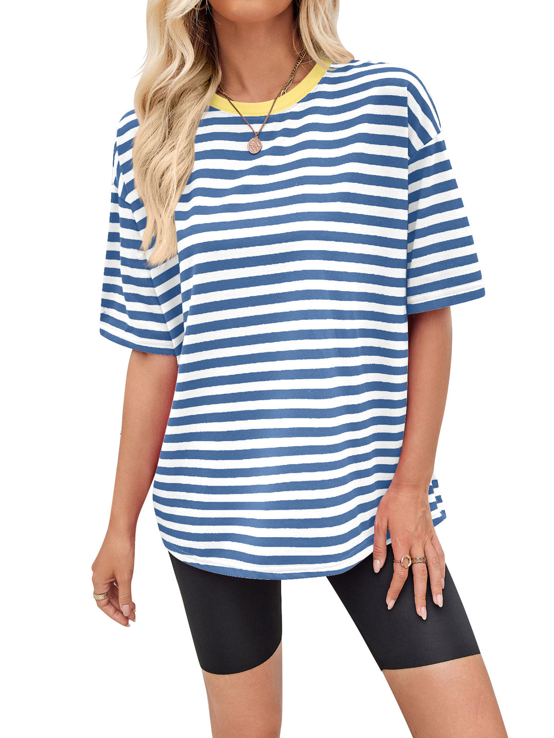 Damen gestreiftes Oversize T-Shirt mit Rundhalsausschnitt und Kontrastdetails R&B