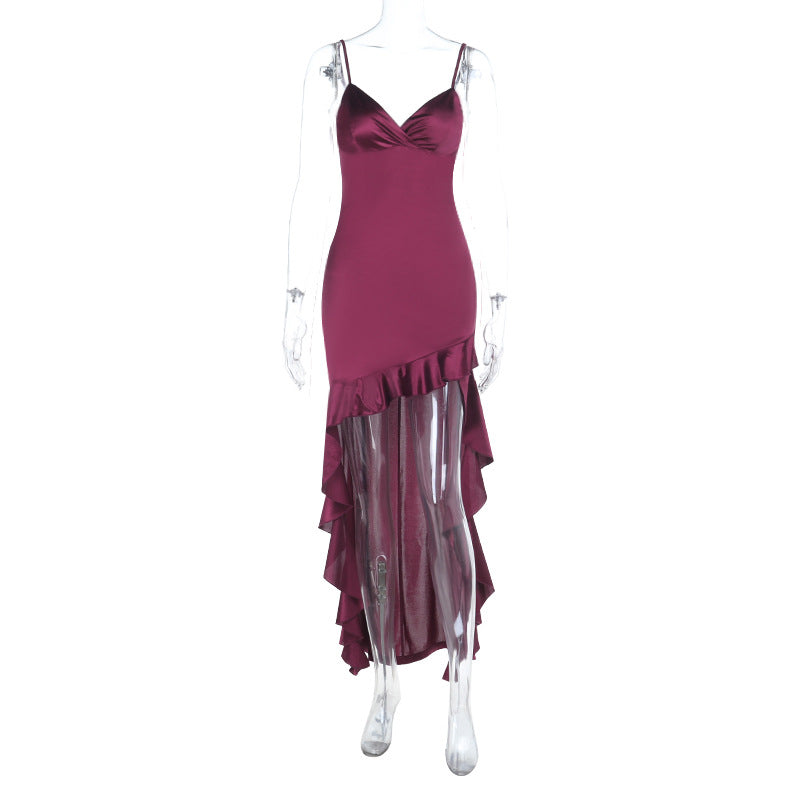 Damen elegantes Maxi-Jersey-Kleid mit asymmetrischem Rüschensaum und schmalen Trägern R&B