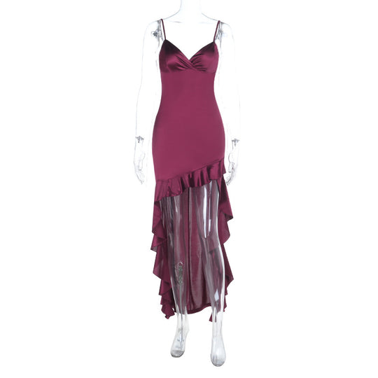 Damen elegantes Maxi-Jersey-Kleid mit asymmetrischem Rüschensaum und schmalen Trägern R&B