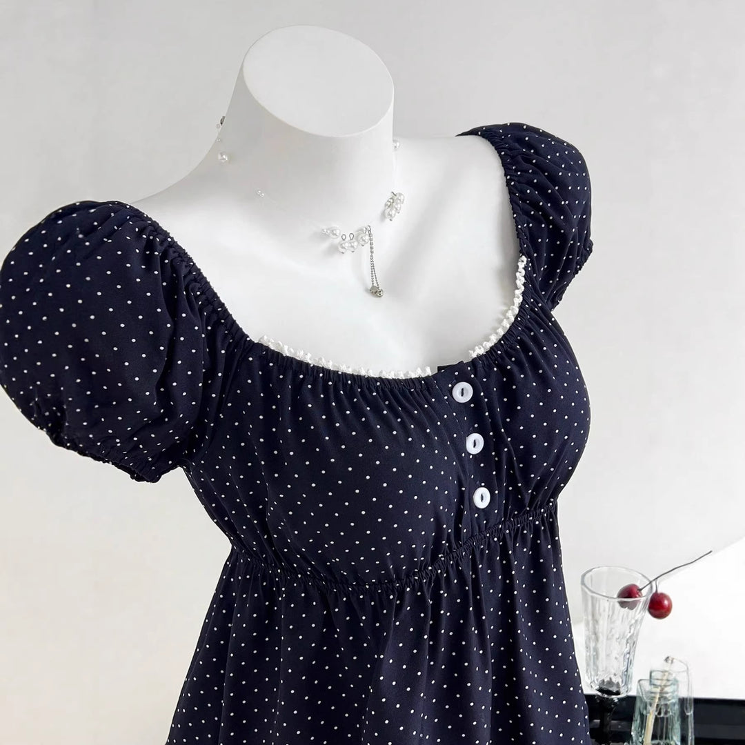 Damen Sommerkleid mit Puffärmeln und süßem Punkten R&B