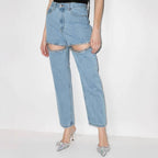 Damen Jeans mit dekorativen Cut-Outs und Strassverzierungen R&B