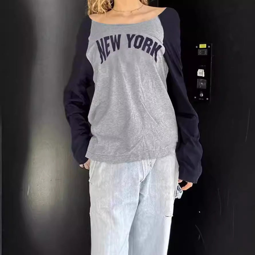 Damen Lässiges Sweatshirt mit modischem Schriftzug und kontrastierenden Ärmeln R&B