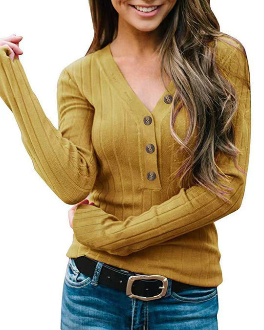 Damen Strickpullover mit V-Ausschnitt und Knopfdetail R&B