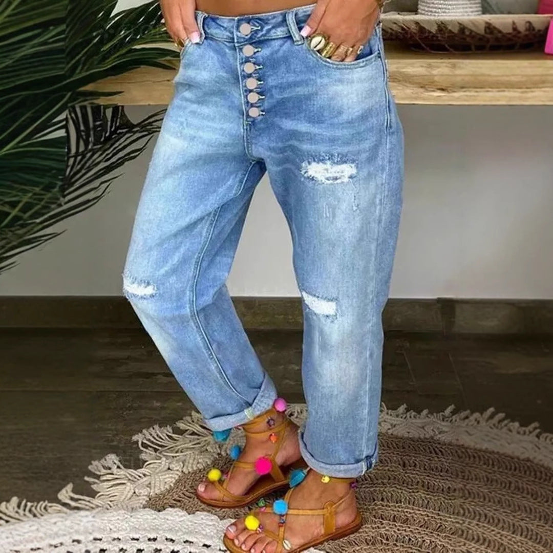 Damen Denim-Bundfaltenhose mit Knopfleiste und modischem Destroyed-Effekt R&B
