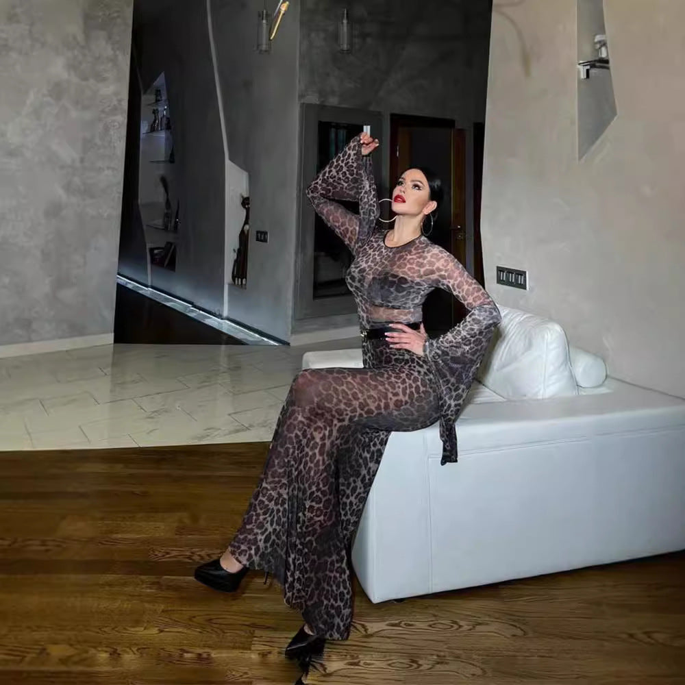 Damen Elegant schimmerndes Maxikleid mit langen Ärmeln und Leopardenmuster R&B