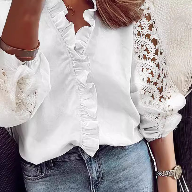 Damen elegante Bluse mit Rüschendetails und Spitzenärmeln EB