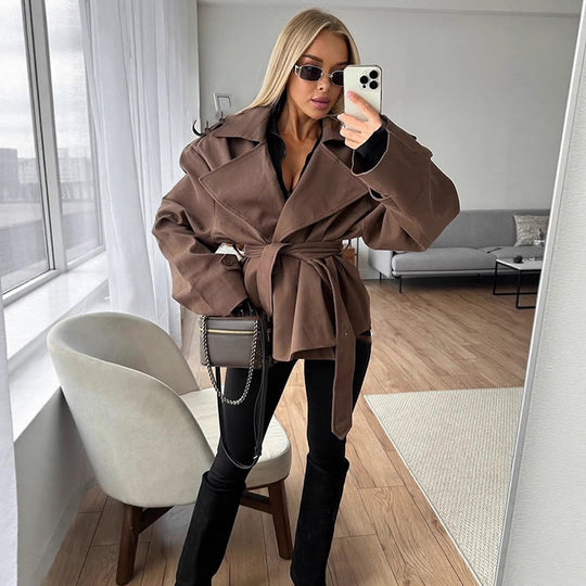 Damen modische Trenchjacke mit weitem Schnitt und Bindeband R&B