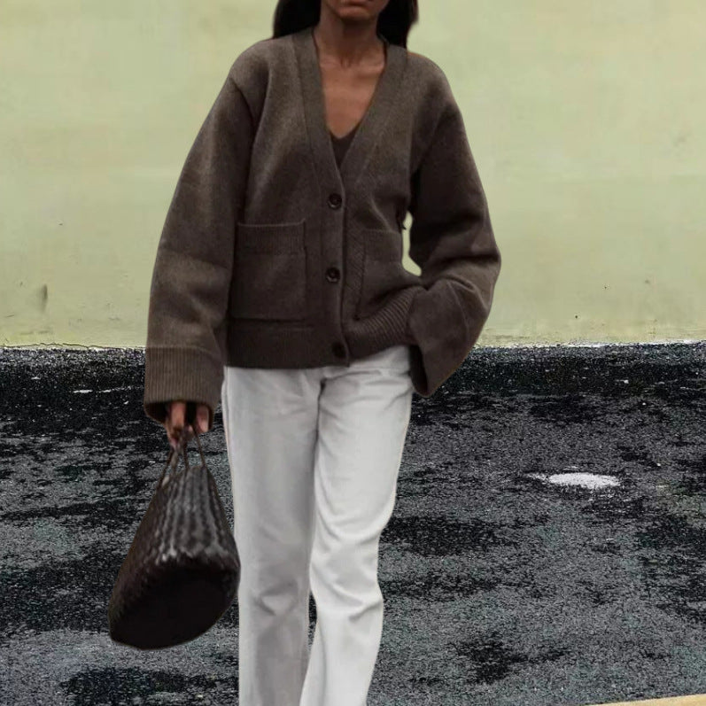 Damen Lässiger Strickjacke mit großen Taschen und offenem Schnitt R&B