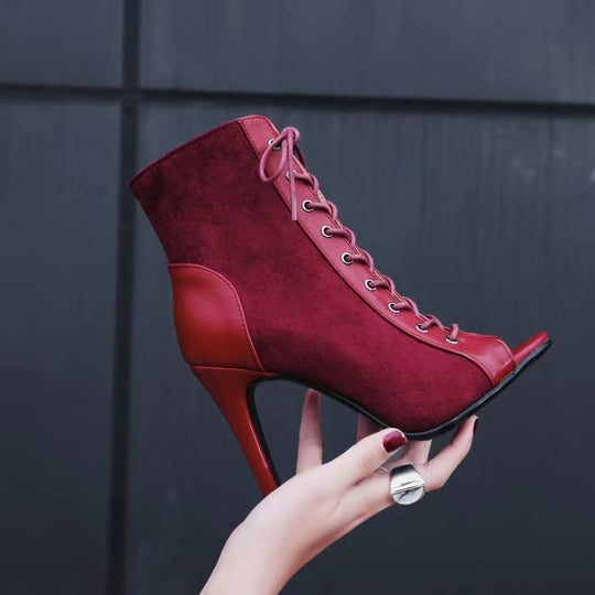 Damen Offene Zehen-Stiefeletten mit elegantem Schnürdesign und hohem Absatz R&B