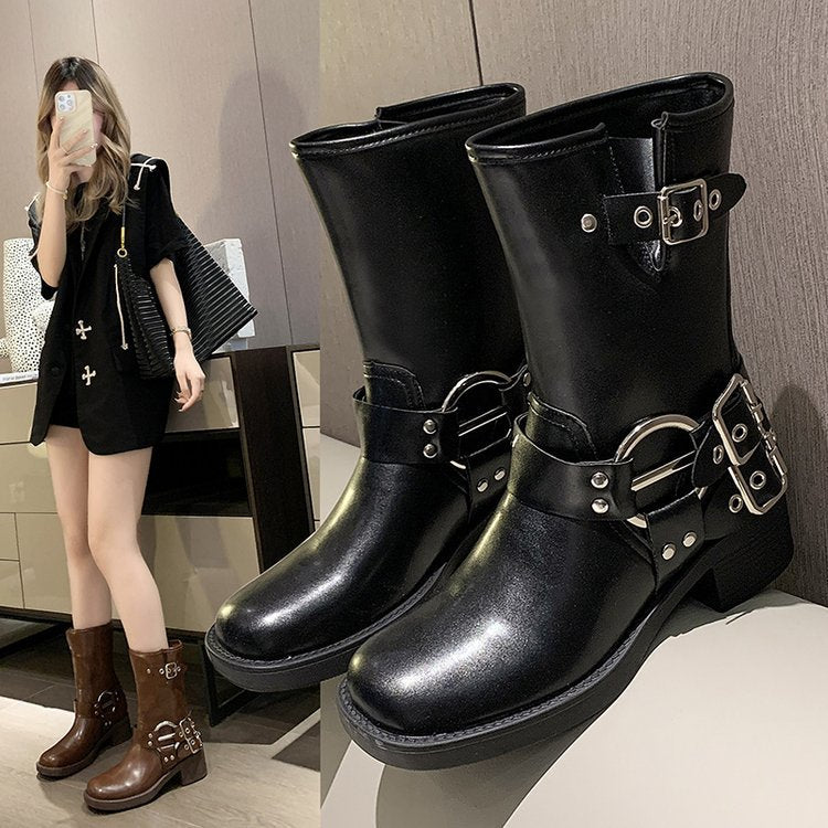 Damen Boots mit modischem Schnallen-Detail und robustem Blockabsatz R&B