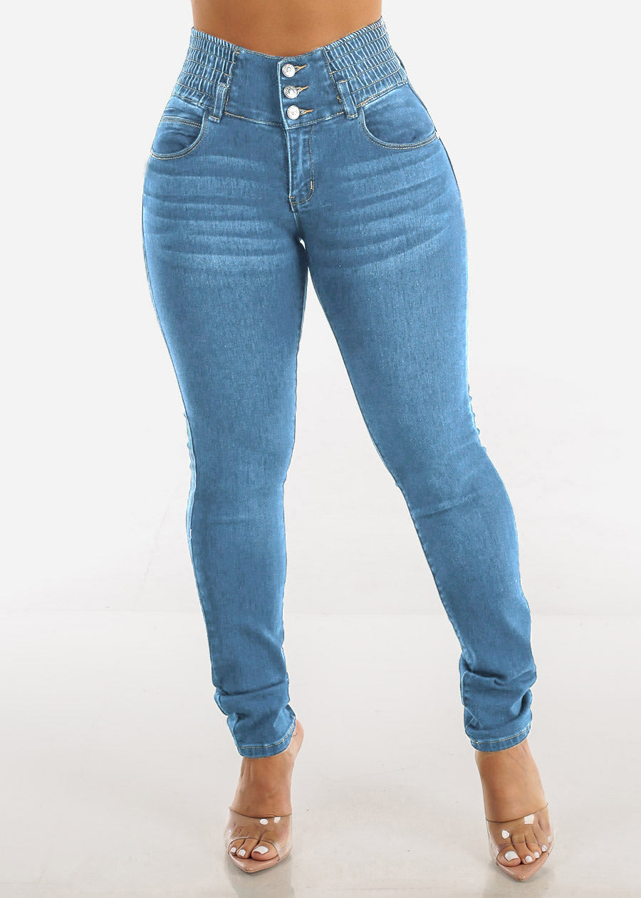 Damen Slim Fit Jeanshose mit elastischem Bund und Knopfverschluss R&B