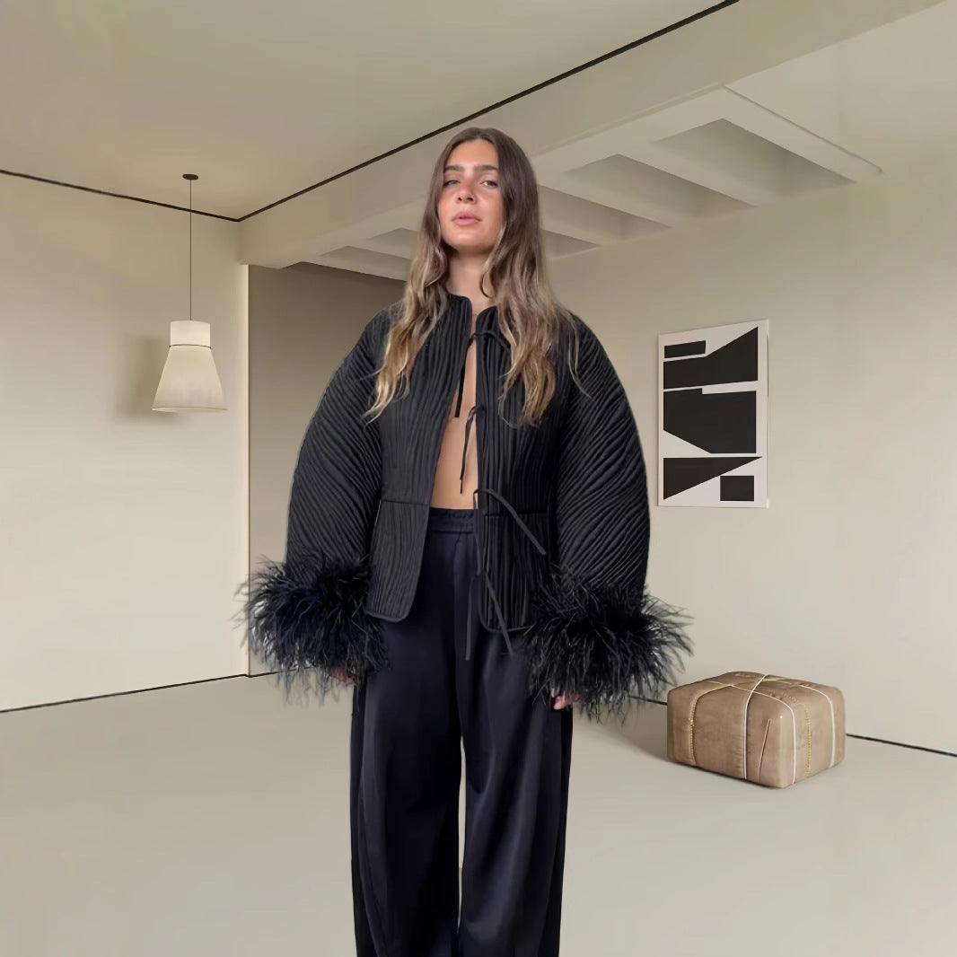 Damen elegante Boucle-Jacke mit extravaganten Ärmeln R&B