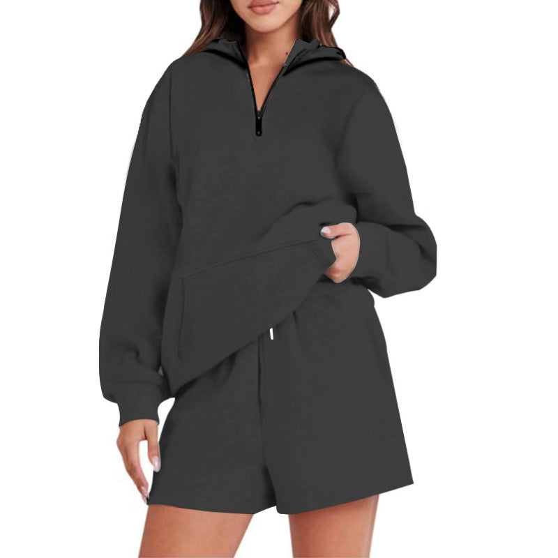Damen Lässiger Kapuzenpullover mit kurzem Reißverschluss und praktischen Taschen R&B