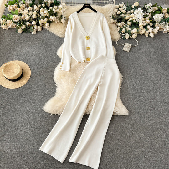 Damen elegantes Strick-Loungewear-Set mit dekorativen Knöpfen und weitem Bein R&B