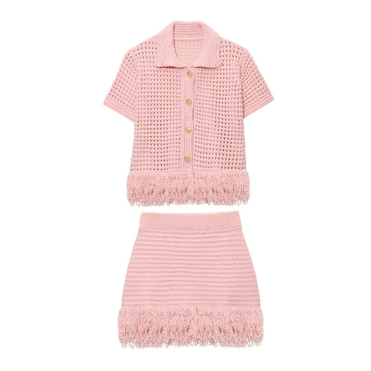 Damen Kurzarm-Strickjacke mit fransigem Saum und dekorativen Knöpfen R&B