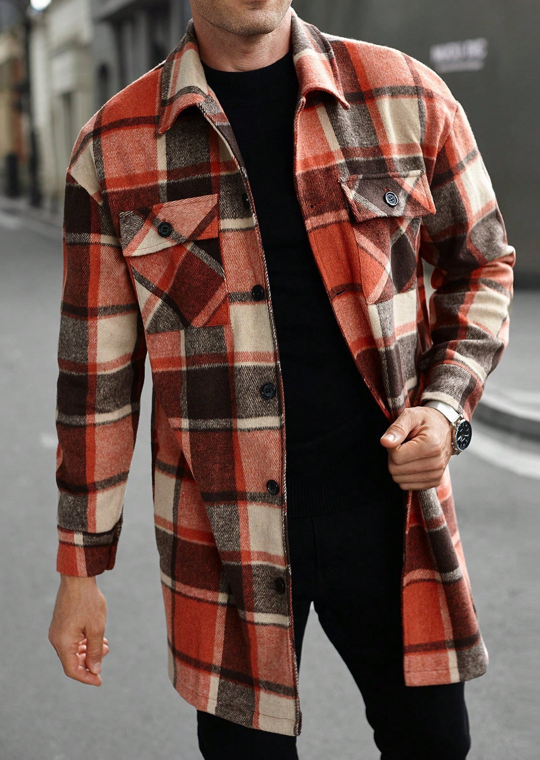 Herren karierte Flanelljacke mit knöpfbaren Taschen und modernem Schnitt R&B