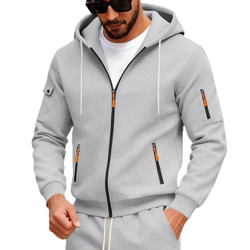 Herren nan Kapuzen-Sweatjacke mit durchgehendem Reißverschluss, mehreren Reißverschlusstaschen und Ärmel-Pocket R&B