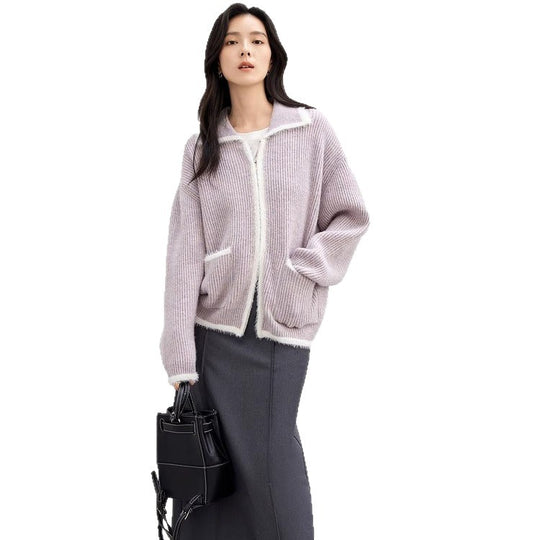 Damen Flauschiger Strickcardigan mit praktischen Taschen und hohem Kragen R&B